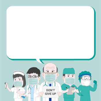Blank text box. Asian medical group of doctor and nurse cheer up card. vector