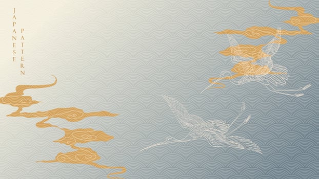 Art landscape background with gold texture vector. Japanese wave pattern with hand drawn line crane birds and cloud banner in vintage style. vector