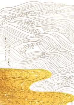 Japanese background with hand drawn ocean wave line vector. Gold texture in vintage style. Presentation template design, poster, cd cover, flyer, website backgrounds, banner or advertising. vector
