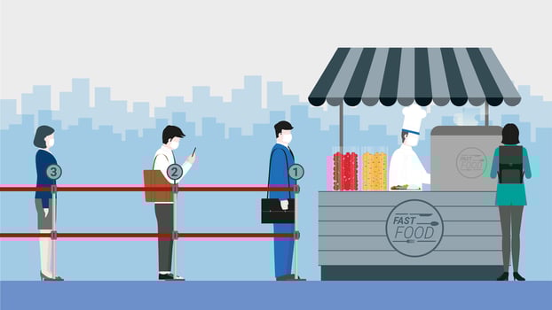 Business people stand apart at queue line number on the go eating rush hour vector