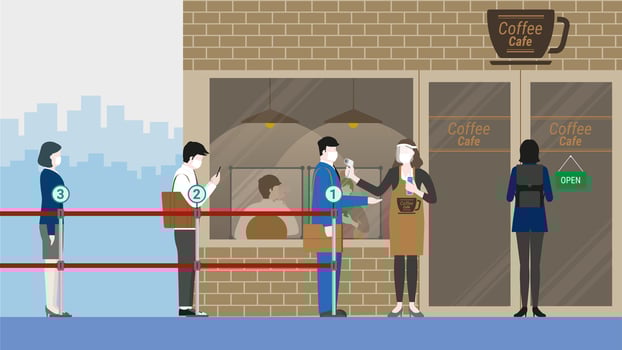 Business people in queue number for screening test before enter coffee cafe. vector