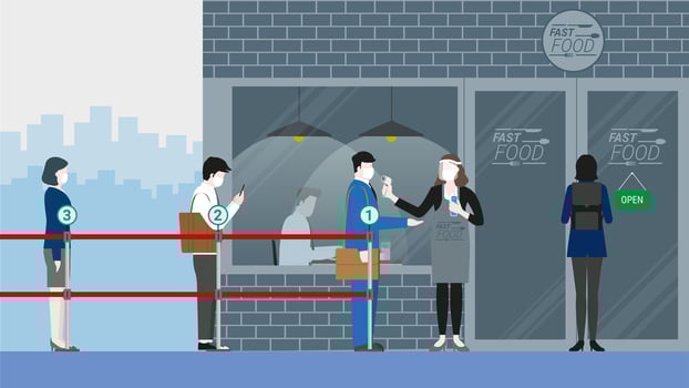 Business people in queue number for screening test before enter restaurant. vector