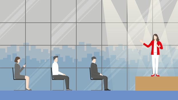 Business presentation meeting in conference hall. People sitting apart and listen to the speaker. vector