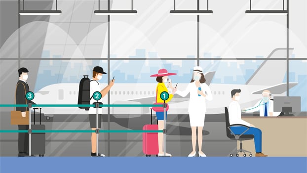 People wearing mask and social distancing queue for airline crew checkpoint at airport medical health check. vector