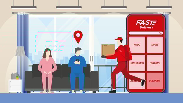 Delivery man and parcel box with fast express deliver vector