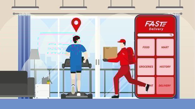 Online shopping and fast delivery concept. Delivery man vector