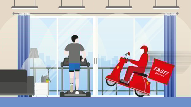 Delivery man bike arrive to customer house with fast. vector
