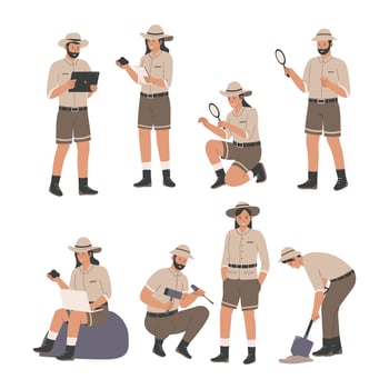 Archeologist people man and woman characters collection set vector