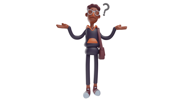3D illustration. Confused Student 3D Cartoon Character. A tall, brown-skinned young man. Student raise both hands and have a question mark next to them. 3D cartoon character png
