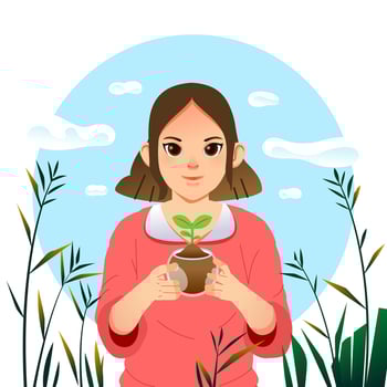 World Environment Earth Day. Young woman character holds handful soil with plant sprout seed. Sustainable lifestyle, green, ecological conversation, nature concept vector
