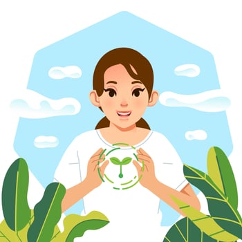 World Environment Earth Day. character woman holds handful soil with plant sprout seed. Sustainable lifestyle, green, ecological conversation, nature concept vector