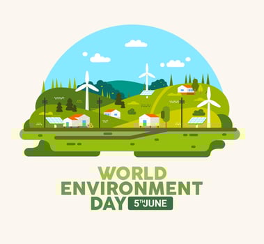 Word environment day. Urban landscape of future village use alternative energy sources solar panel and windmills vector