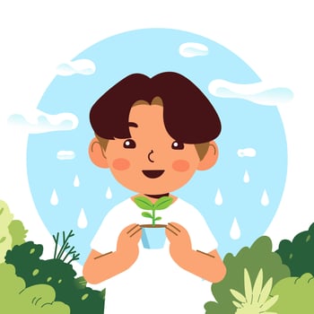 World Environment Earth Day. Boy character holds handful soil with plant sprout seed. Sustainable lifestyle, green, ecological conversation, nature concept vector