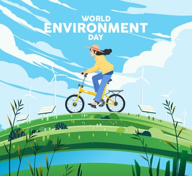 Word environment day. Woman riding a bicycle over green hills with energy fields sustainable renewable energy, solar panel, wind turbine vector