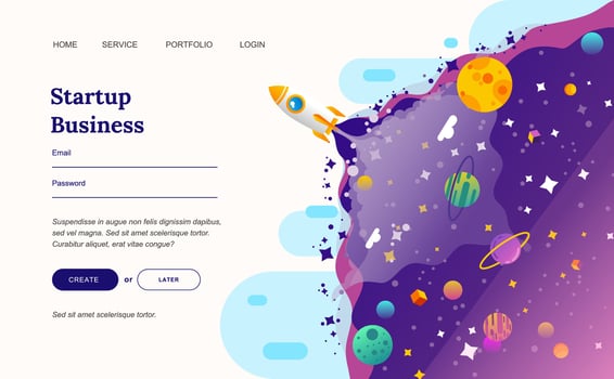 modern flat vector illustration of start up describe by rocket in the space with landing page design