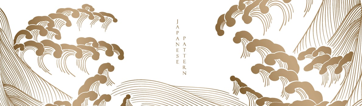 Hand drawn gold wave with Japanese pattern vector. Oriental decoration with banner design, flyer or presentation in vintage style. Ocean sea elements template. vector