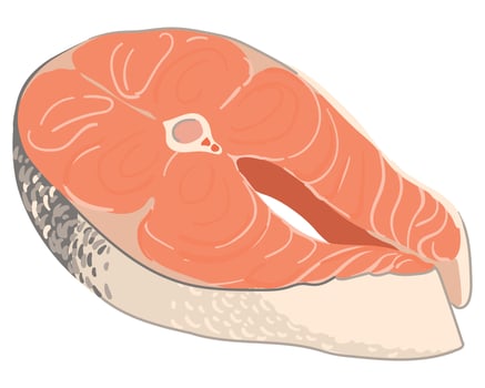 Salmon steak. Vector. Illustration in cartoon style isolated on white background. Cut off a piece of red fish. Seafood containing Omega 3. Trout fillet. vector