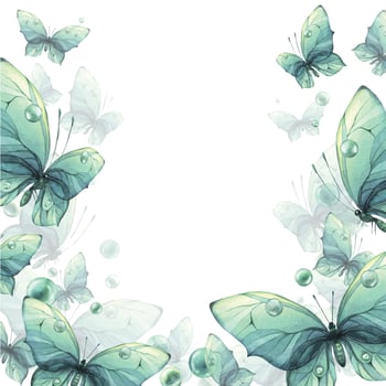 Delicate turquoise and blue butterflies with bubbles are airy, light, beautiful. Hand drawn watercolor illustration. Template, frame on a white background for cards, posters. vector