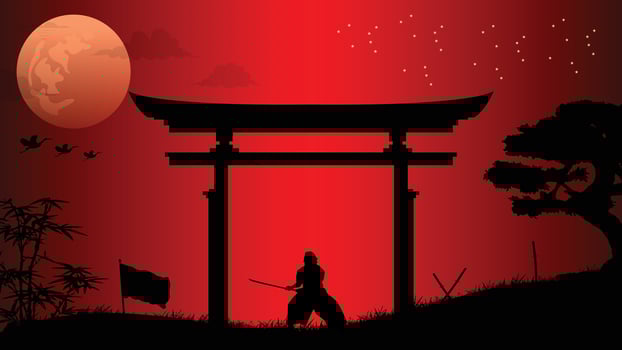 illustration vector graphic of Ninja, Assassin, Samurai training at night on a full moon. Perfect for wallpaper, poster, etc.