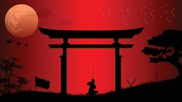 illustration vector graphic of Ninja, Assassin, Samurai training at night on a full moon. Perfect for wallpaper, poster, etc.