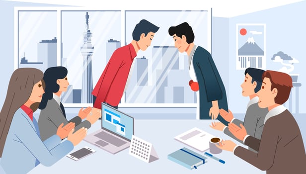 meeting business cooperation with japan, people gathering in meeting room and giving greeting illustration vector