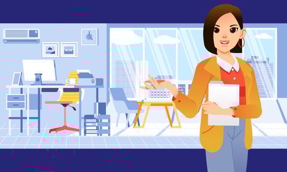 young business woman with office outfit holding map and showing her office room vector illustration