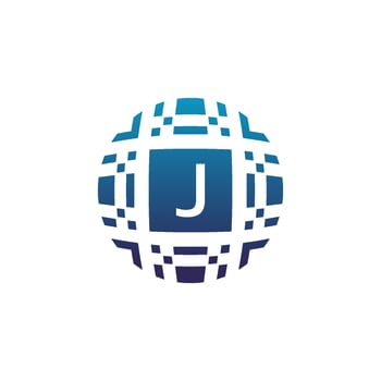 Initial letter J circle digital tech electronic pixel emblem logo vector
