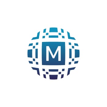 Initial letter M circle digital tech electronic pixel emblem logo vector