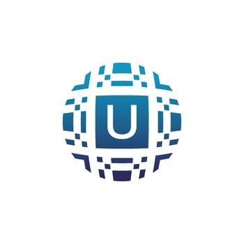 Initial letter U circle digital tech electronic pixel emblem logo vector