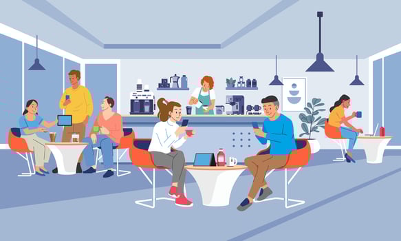 Cafe interior man and woman Dinning and Working in modern Coffehouse. Barista and customer in coffee shop Coworking Loft Office vector
