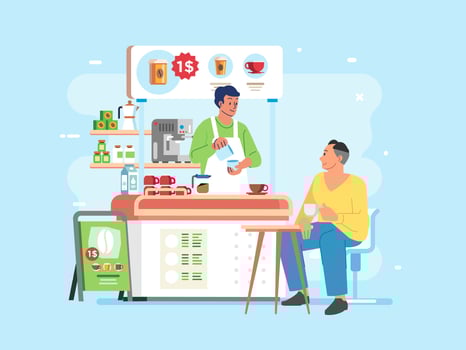Man Drink coffee and chat in Coffeshop. Barista and customer in small coffee shop Coworking vector