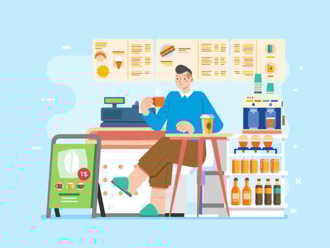 Young man hold a cup of tea relax on small business food  coffee stall shop counter store fast food vector