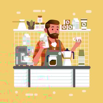 man as barista holding milk and glass in the cafe counter bar making cappucino for customer vector illustration
