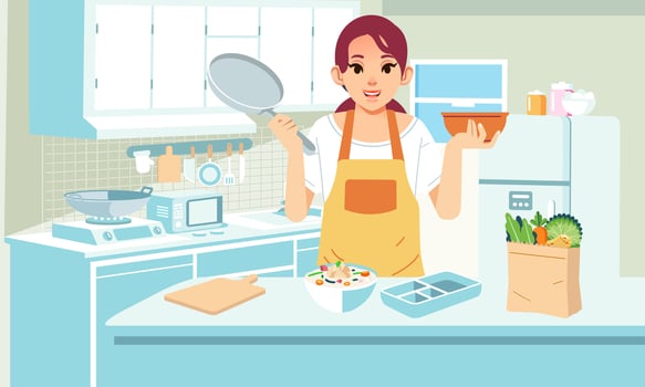mother cooking in the kitchen, groceries  and food on the kitchen table and kitchen interior as a background vector