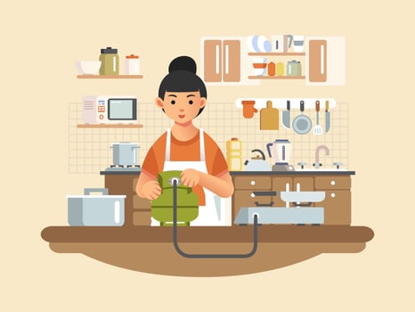 mother installed gas stove in the kitchen, with kitchen appliance and interior in the background vector illustration