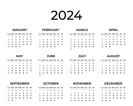 Monthly Calendar Template for 2024 on White Background vector