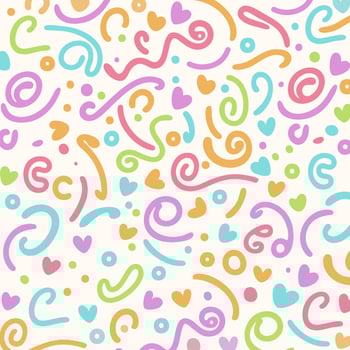 Pastel Abstract Childish Fun Seamless Pattern.A vibrant and playful seamless pattern with pastel colored abstract shapes, curves, and circles on a white background. vector