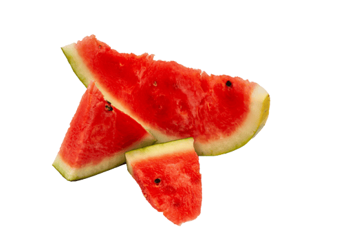 Three slices of red ripe and sweet watermelon of different sizes with black seeds and rind on no background. png