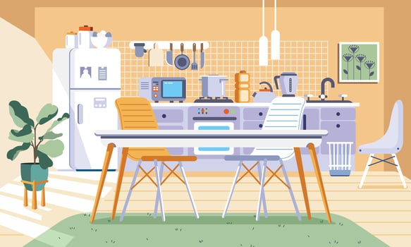 vector illustration of kitchen design interior with many appliance, furniture, dining table and chair in modern minimalistic style