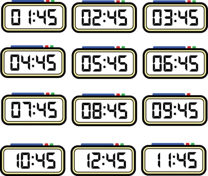 Digital Clock Time Flat Vector Set with 24 Hours, Digital Number Illustration