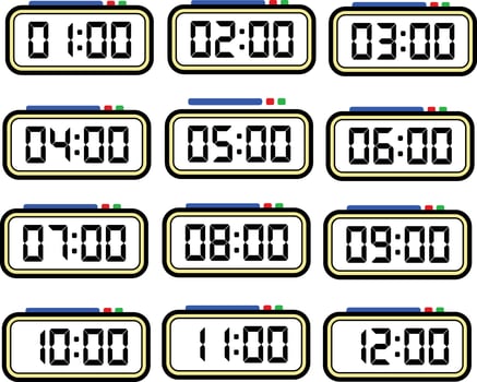 Digital Clock Time Flat Vector Set with 24 Hours, Digital Number Illustration