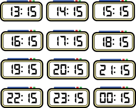 Digital Clock Time Flat Vector Set with 24 Hours, Digital Number Illustration