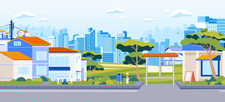 Residential neighborhood environment on suburb of tree big modern city buildings landscape road, sidewalk, houses in urban residential district vector