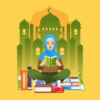 international literacy day campaign poster with hijab girl reading book and sit on the stack of books and mosque shilouette as background vector illustration