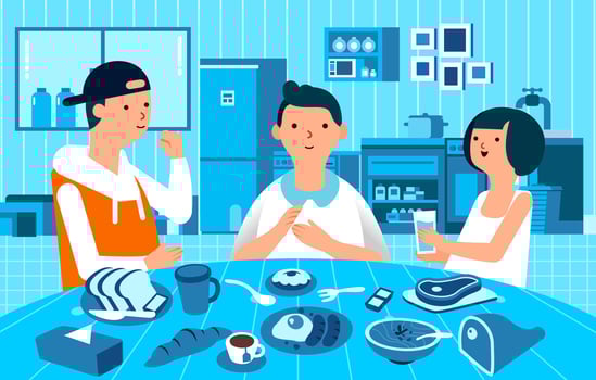 three people character man and women breakfast together, food on the table and monochrome kitchen as background vector illustration