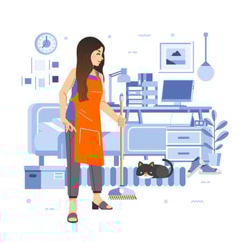 women cleaning the bedroom, with cat lay on the floor and room interior in the bacground vector