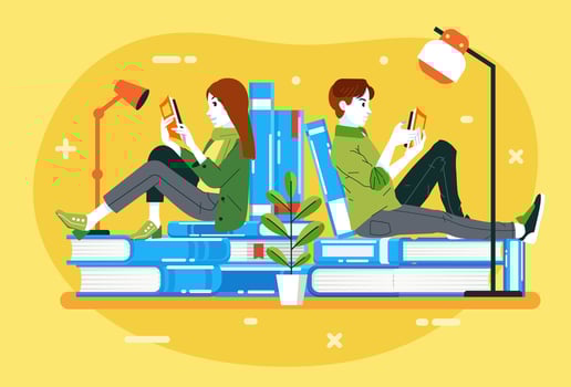 young man and women reading a book while siiting on the stack of books, illustration for international literacy day vector