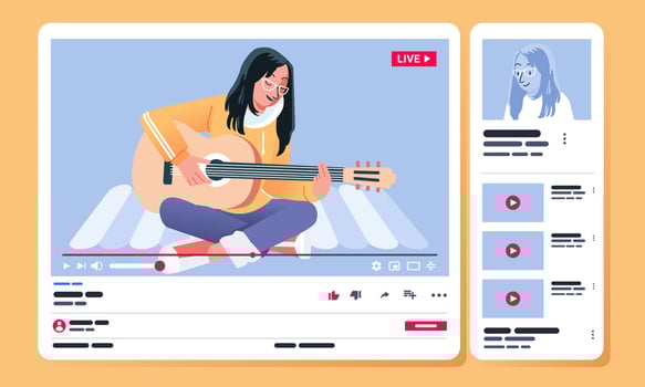 young girl playing guitar while singing in video content on video sharing chanel on desktop view vector illustration