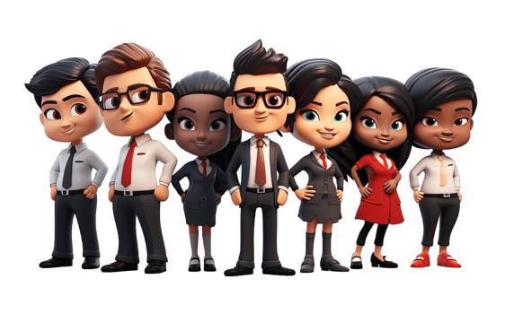 Group of young business people isolated on transparent background. PNG file, cut out. 3D cartoon character. AI Generated