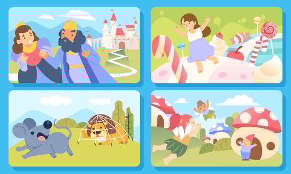 A collection of childrens fairy tales of folklore from various countries lion and mouse, candy world, fairy, mushroom, king and queen vector